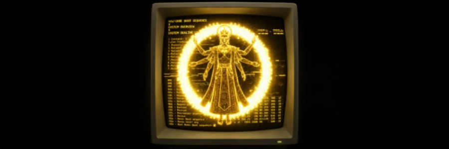 A glowing many-armed figure inside a ring of light on an amber CRT monitor, mid boot sequence.